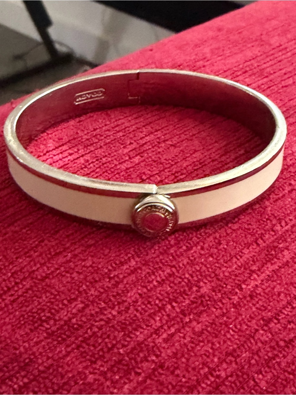 Coach White Enamel Silver-Tone Hinged Bracelet with Logo Accent